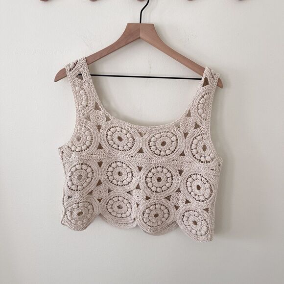 Rebellion Again Crochet Crop Top Women’s Cream Boho Knit Sleeveless Large - Picture 3 of 5